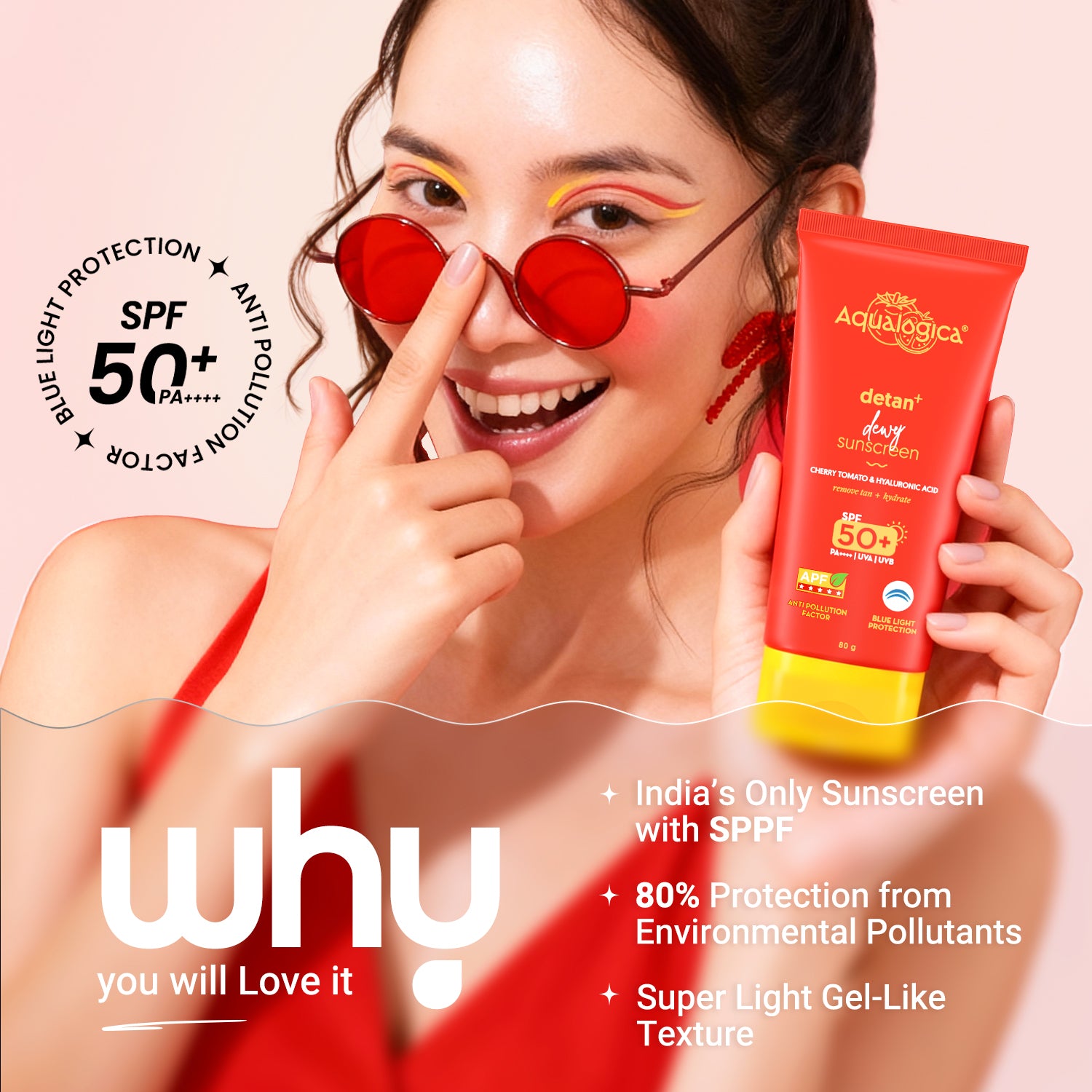 Detan+ Dewy Sunscreen SPF 50+ PA++++ with Anti Pollution Factor (APF) | UVA/B & Blue Light Protection - 80g