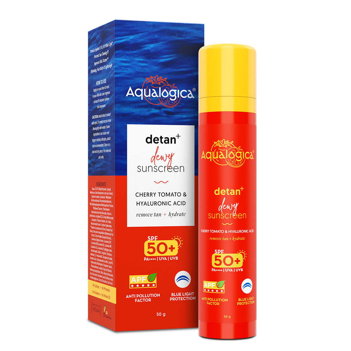Detan+ Dewy Sunscreen with SPF 50+ & PA++++ for UVA/B & Blue Light Protection & No White Cast - 50g