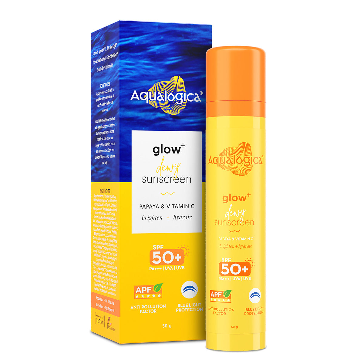 Glow+ Dewy Sunscreen SPF 50+ PA++++ with Anti Pollution Factor (APF) | Papaya & Vitamin C - 50g
