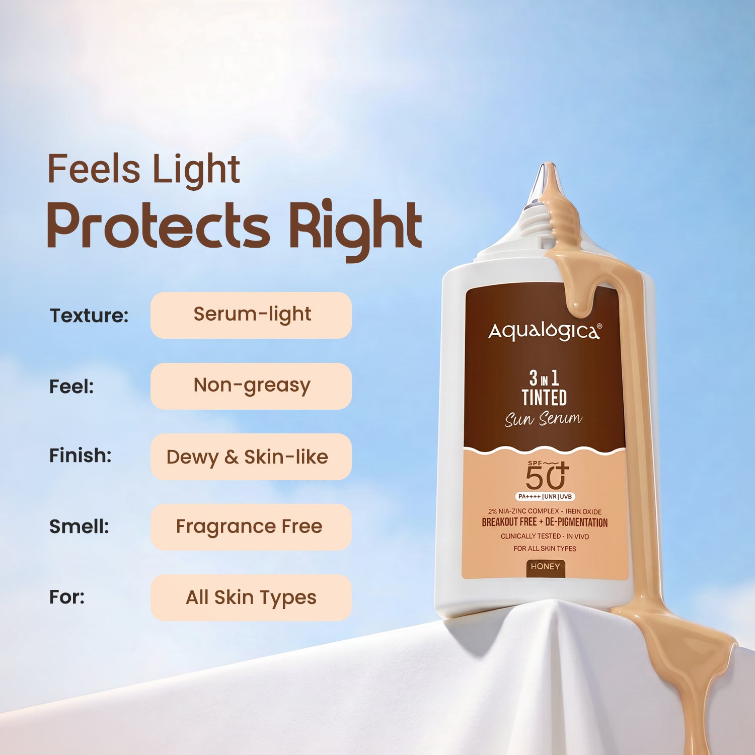 Aqualogica 3 in 1 Tinted Sun Serum 50ml - Honey