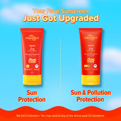 Detan+ Dewy Sunscreen SPF 50+ PA++++ with Anti Pollution Factor (APF) | UVA/B & Blue Light Protection - 80g