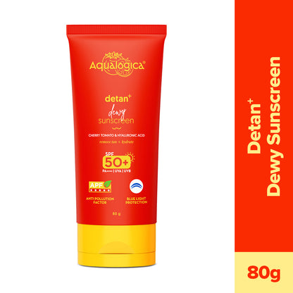 Detan+ Dewy Sunscreen SPF 50+ PA++++ with Anti Pollution Factor (APF) | UVA/B & Blue Light Protection - 80g