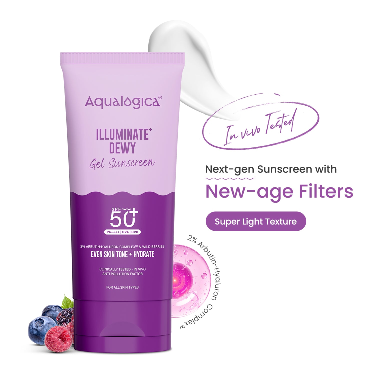 Illuminate+ Dewy Sunscreen In-Vivo Tested SPF 50+ PA++++ with Wild Berries & Alpha Arbutin - 80 g
