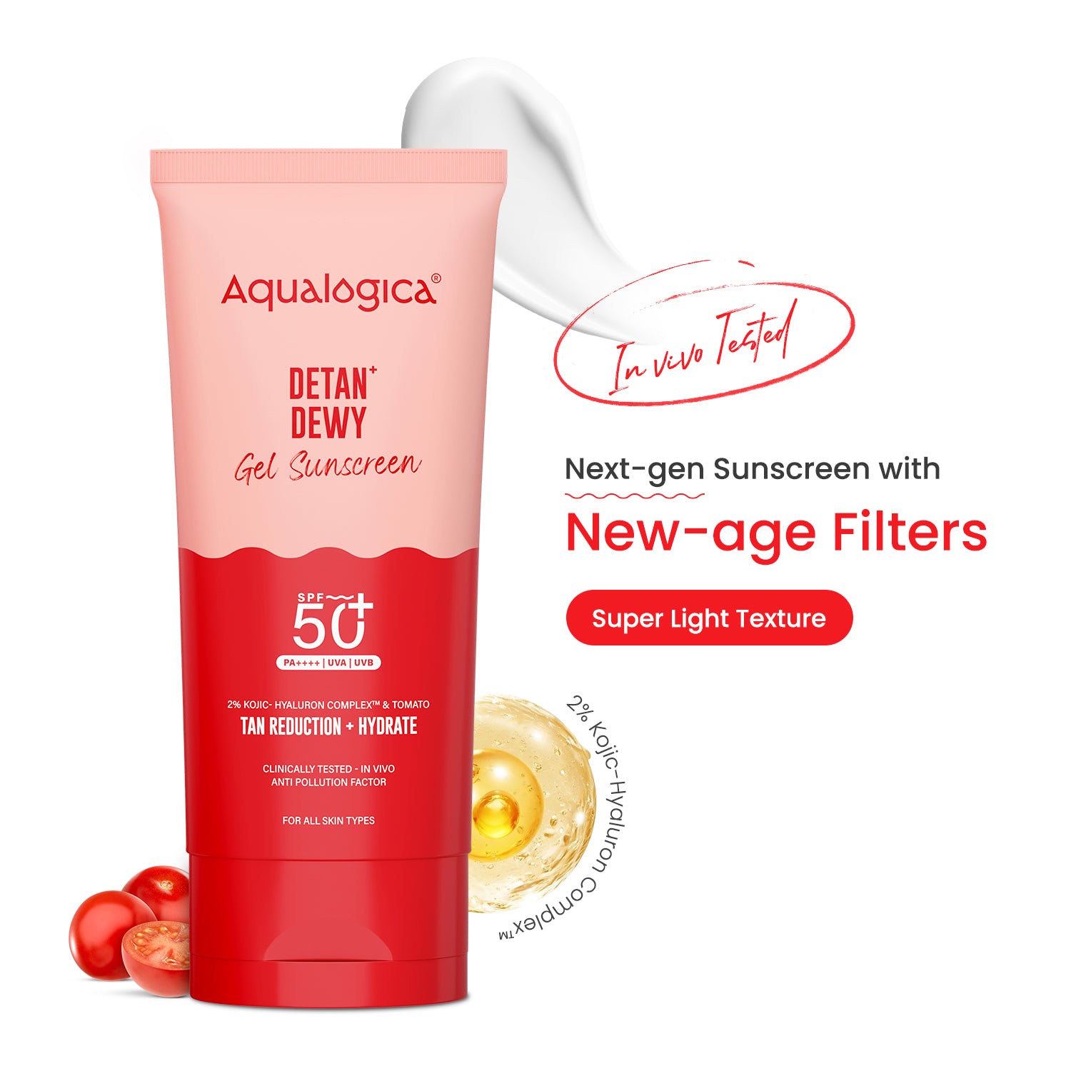 Detan+ Dewy Gel Sunscreen SPF 50+ PA++++  with 2% Kojic-Hyaluron Complex™ & Wild Berries - 80g
