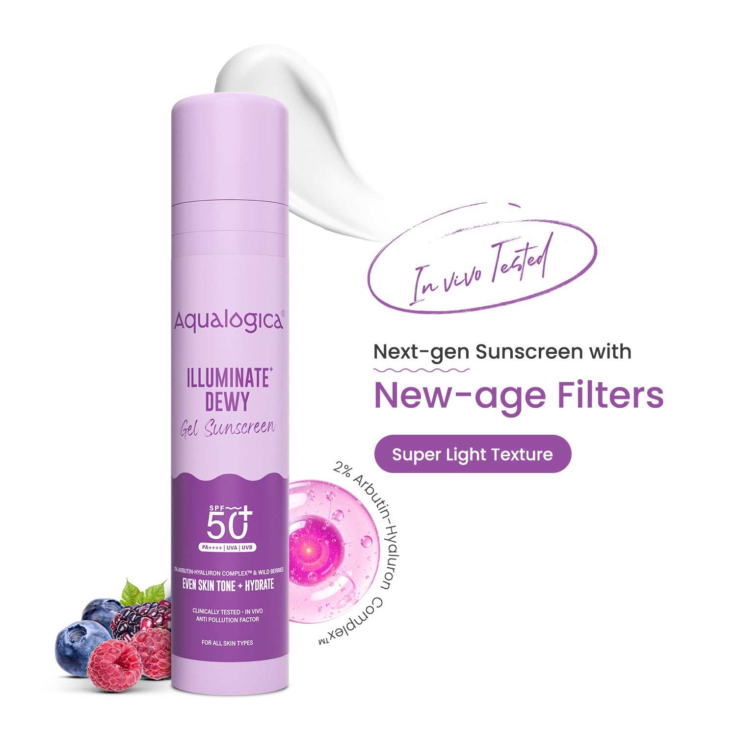Illuminate+ Dewy Gel Sunscreen SPF 50+ PA++++ with 2% Arbutin-Hyaluron Complex™ & Wild Berries - 50g