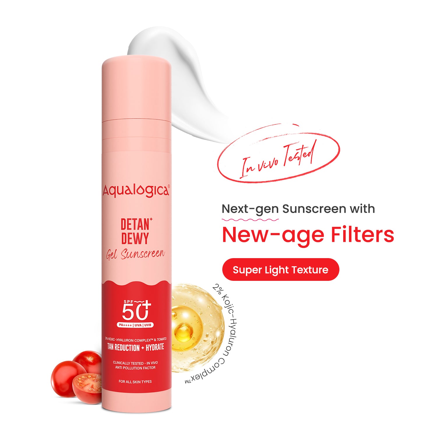 Detan+ Dewy Gel Sunscreen SPF 50+ PA++++ with 2% Kojic-Hyaluron Complex™ & Wild Berries - 50 g