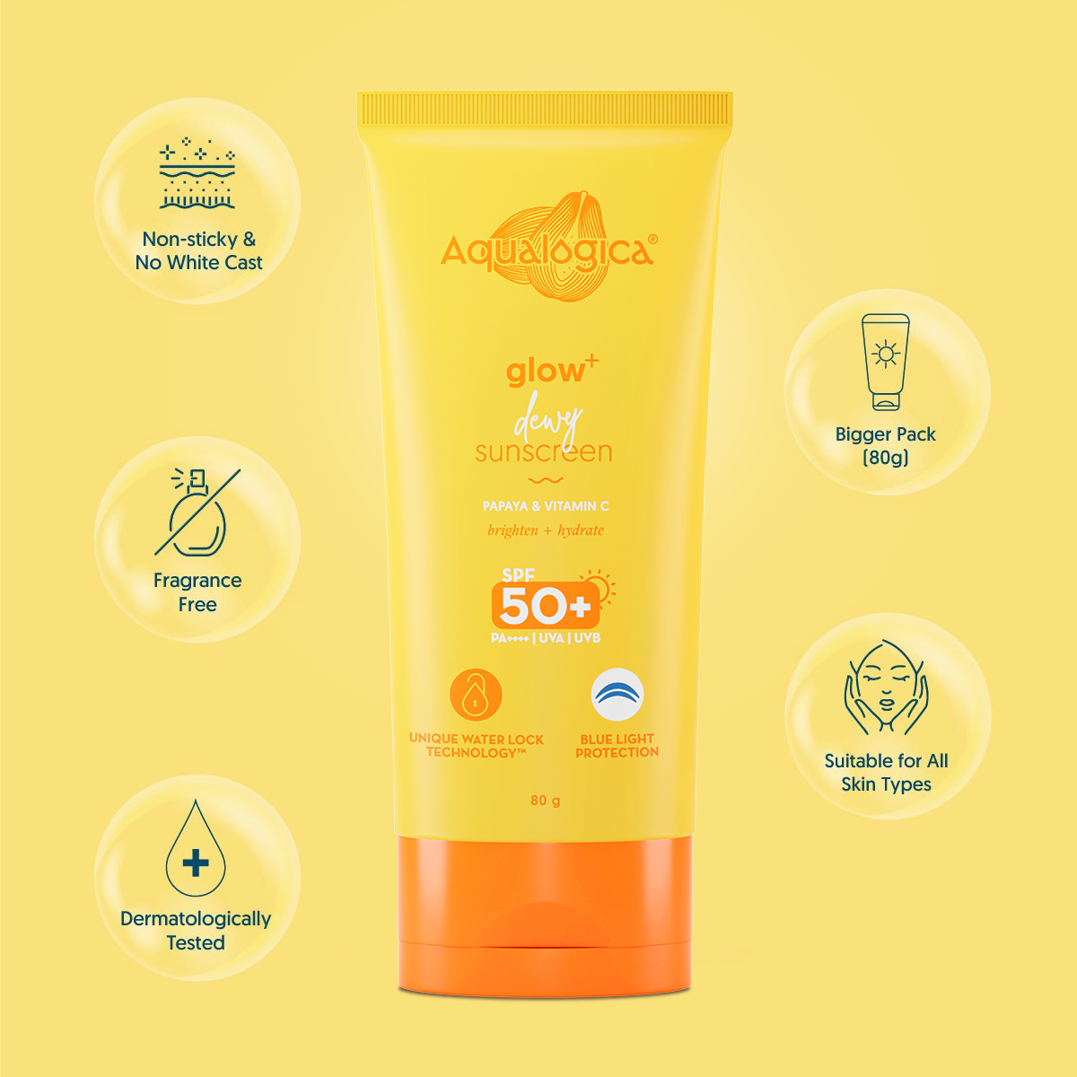 Glow+ Dewy Sunscreen with SPF 50+ & PA++++ for UVA/B & Blue Light Protection & No White Cast - 80g