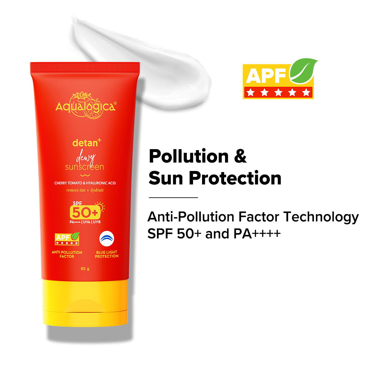 Detan+ Dewy Sunscreen SPF 50+ PA++++ with Anti Pollution Factor (APF) | UVA/B & Blue Light Protection - 80g