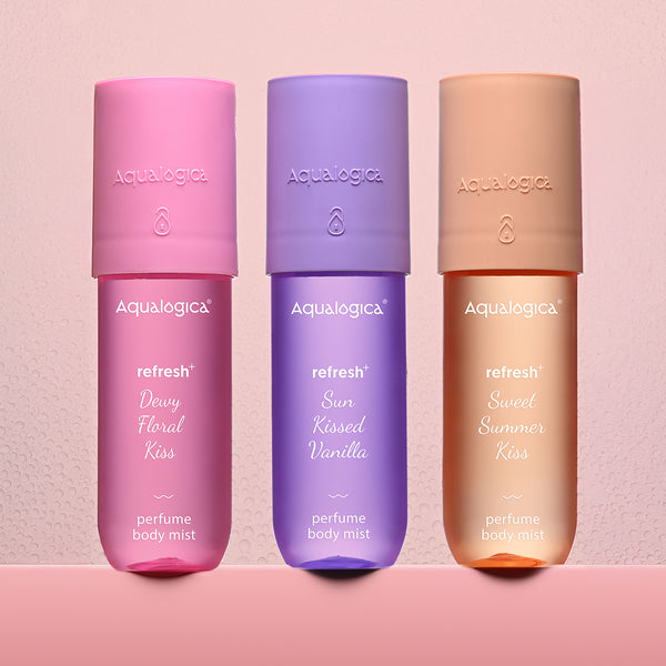 Aqualogica body mist trio with three colorful perfume variants
