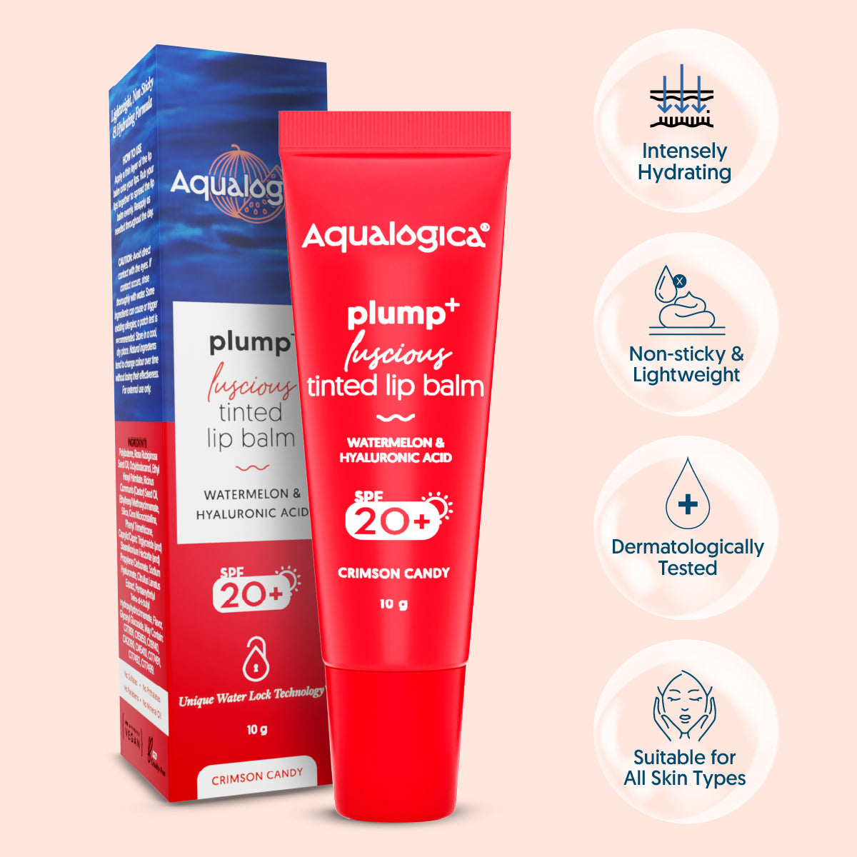 Crimson Candy Plump+ Luscious Tinted SPF 20+ Lip Balm with Watermelon & Hyaluronic Acid - 10g