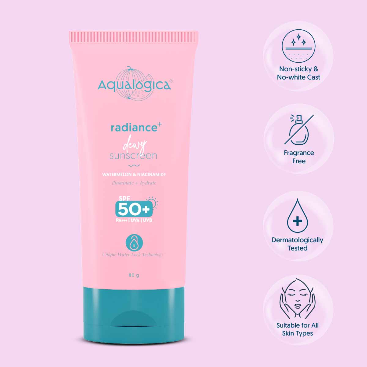 Radiance Suncreen SPF 50 Sunscreen, Aqualogica Radiance+ Dewy Sunscreen 80g